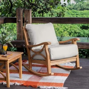 Cambridge Casual Outdoor Rocking Chair Natural Teak Wood Frame w/ Beige Cushion - Picture 1 of 3