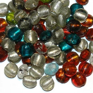 G3522 Assorted Color Silver Foil-Lined 12mm - 14mm Flat Round Glass Beads 40pc - Picture 1 of 1