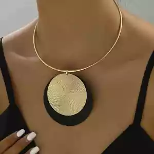 Large Boho Geometric Round Disc Double Layered Pendant Necklace Golden Gift - Picture 1 of 3