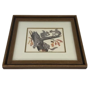 Vintage Gene Gray Print 1968 Squirrel Family Framed 10.5 X 9.5 - Picture 1 of 5