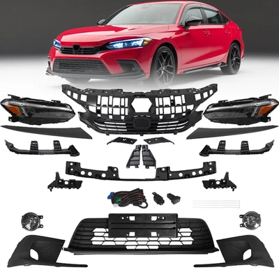 Juego de rejillas de parachoques delantero y faros y luces antiniebla y soporte para Honda Civic 22-25 Foto 1 de 4