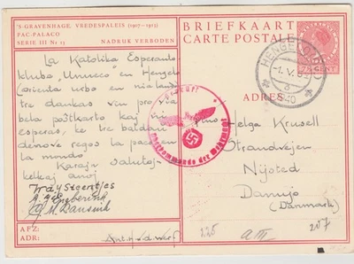 НИДЕРЛАНДЫ 1940 ВТОРАЯ МИРОВАЯ ВОЙНА цензор S. GRAVENHAGE VREDESPALEIS ПК *HENGELO-ДАНИЯ* - Изображение 1 из 3