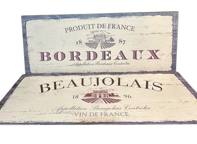 Pair 2 Home Decor Wooden Wine Signs 20 X 8 Vintage Look Bordeaux - Image 1 of 4