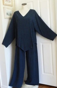 2pc Tienda Ho Navy Boucle Stripe Moroccan Cotton 53"B Asym Top & Pocket Pants OS - Picture 1 of 15