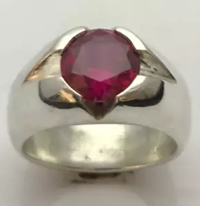 MJG STERLING SILVER MEN'S RING.V GROOVE 10MM LAB RUBY PRONG SET. SIZE 10 - Picture 1 of 8