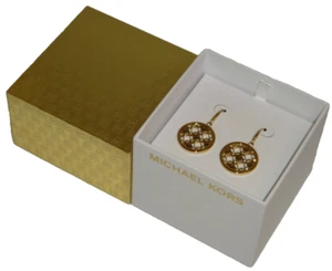 MICHAEL KORS MK Monogram Yellow Gold Drop Earrings Crystals MKJ4278710 + MK BOX - Picture 1 of 6
