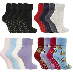 Ladies 4 Pairs Brushed Lined Thermal Lounge Bed Slipper Socks  Non Slip Gripper 