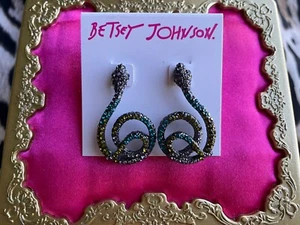 Betsey Johnson Olive Green Teal Blue Grey Crystal Pewter Snake Earrings RARE - Picture 1 of 2