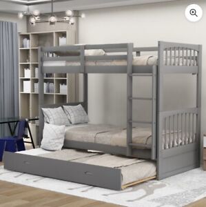 Twin over Twin Solid Wood Bunk Bed (Gray) With Trundle Kids Teens Dorm Bunk Beds