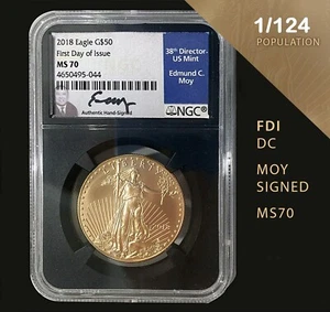 Rare DC Mint FDI Proof 125 Pop 2018 $50 Gold Eagle MS70 - Edmund Moy Signed - Picture 1 of 5