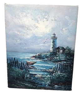 Der Leuchtturm von Everett Woodson 8 x 10" Ölgemälde Küste Boot Möwe Leinwand - Bild 1 von 18