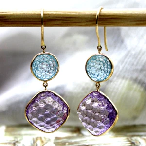Doble Gota Amatista Topacio Azul Tallado Colgante 18kt Pendientes Oro Amarillo - Imagen 1 de 8