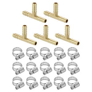 5pcs Brass Hose Barb Fittings, 3-Way Tee 1/4" x 1/4" x 1/4" Barbed - Picture 1 of 7