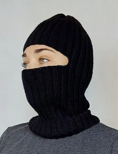 Black Balaclava Face mask - Wool Rib Knit Balaclava - Ski Full Face Mask - Picture 1 of 13