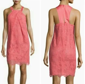 NWT Trina Turk Felisha Dress Women 4 Guava Pink Lace Halter Pockets Resort $298 - Picture 1 of 11