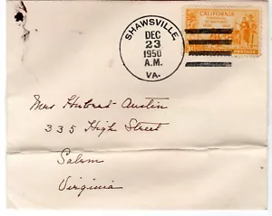 Shawsville VA DEC 23 1950 Sc# 997 mit WX150 auf Dichtungsfalte - Bild 1 von 4
