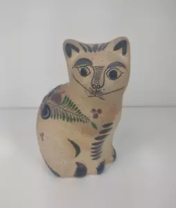 Vintage Tonala Mexican Folk Art Pottery Cat Signed 5.5"TALL BLUE FLORAL figurine - Bild 1 von 10