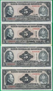 Honduras 5 lempiras quartet 1969-72, different dates,P56a(2)&b(2), UNC- w/toning - Picture 1 of 2