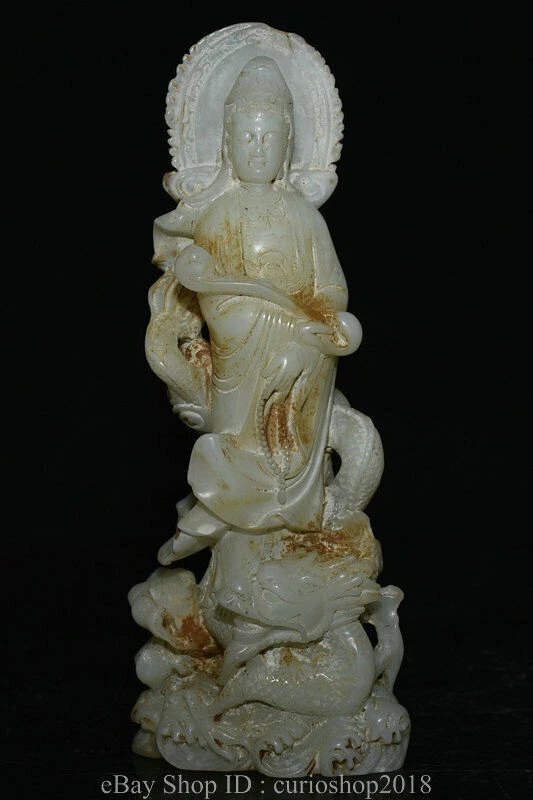 Estatua Ruyi de dragón de Buda Guanyin tallado en jade blanco chino antiguo de 8,8" Foto 1 de 4