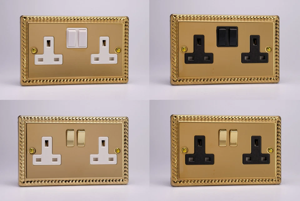 Varilight 2 Gang (Double), 13 Amp Switched Socket Georgian Polished Brass Effect - Image 1 of 1