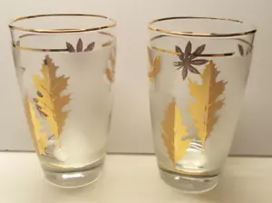 2 Vintage Libbey Gold Leaf Frosted Drinking Glasses 12 Oz. 5 1/4" - Picture 1 of 6