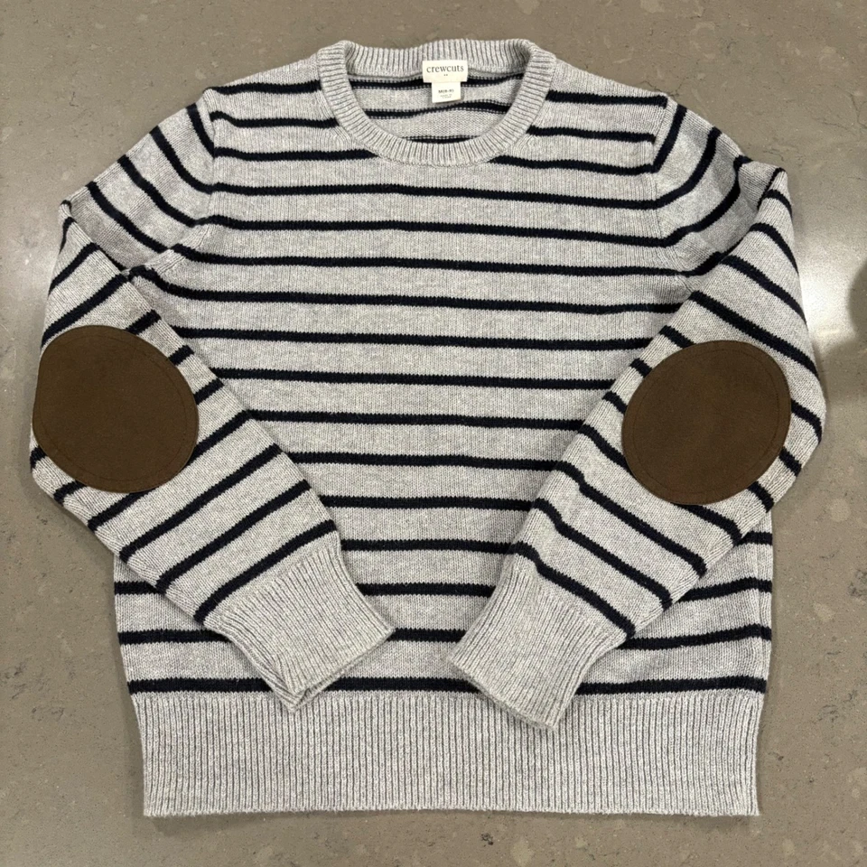 Suéter a Rayas Gris Azul Marino Cortes Redondos Parches en el Codo Cuello Redondo Niños M 8 Preppy Foto 1 de 4