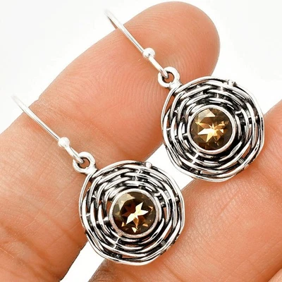 Cuarzo Ahumado Natural - Pendientes Brasil Plata de Ley 925 Joyería E-1222 Foto 1 de 4