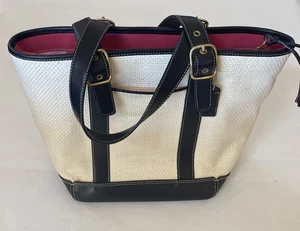 Coach Ivory Straw Black Leather Trim Double Handles Tote Bag - Vintage - Picture 1 of 12