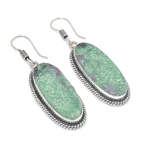 Natural Ruby Zoisite Gemstone 925 Starling Silver Jewelry Earring Size 2" - Picture 1 of 1