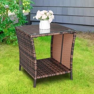 Wicker Rattan Side Tea Table with Glass Patio Furniture Outdoor Storage Tables - Picture 1 of 12