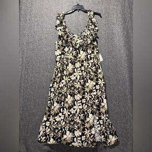 Ava & Viv floral linen blend dress women’s 2X black cream midi ruffle boho NWT - Picture 1 of 10