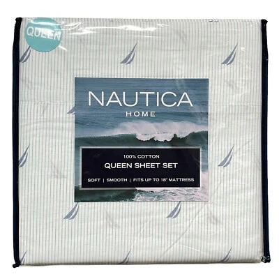 Nautica Home Boat Stripe Blue/White QUEEN 100% Cotton Sheet Set Soft - Image 1 of 4
