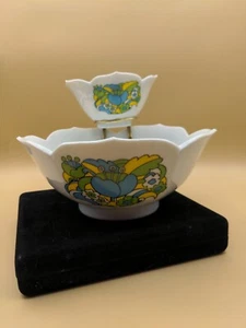 Vintage MCM Rare Made In Japan White & Blue Groovy Daisy Chip & Dip Set HTF - Picture 1 of 13
