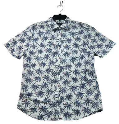 Camisa Express con botones para hombre talla pequeña blanca azul palmeras 100 % algodón Foto 1 de 4