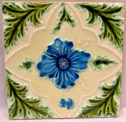 Antique English Tile Majolica Flower Motif Design Ceramic Architecture Rare "160 Cover
