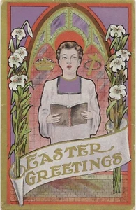 Postkarte Ostergrüße Priester Bibel Lilie Kreuz verschickt Ithaka Michigan - Bild 1 von 2