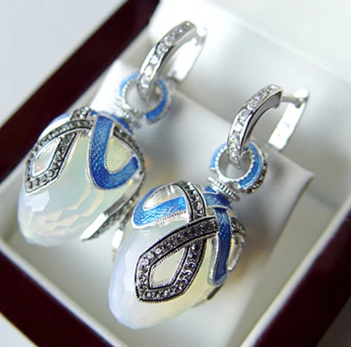 ¡OFERTA! PENDIENTES PIEDRA LUNAR RUSA HECHOS DE PLATA ESTERLINA 925 con ESMALTE Foto 1 de 1