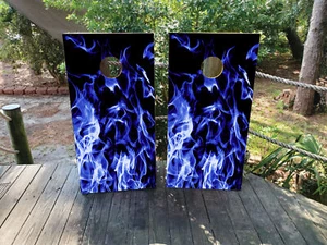 WATERPROOF & FADEPROOF Cornhole Board Wraps  -   Blue Flames - Picture 1 of 3