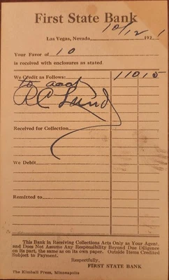 1921 年第一州银行拉斯维加斯内华达账户存款通知明信片 — 第 1/2 张图片