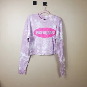 By Samii Ryan Pink Tie-dye Cropped 'Sensitive' Crewneck Sweatshirt Size M - Picture 1 of 8