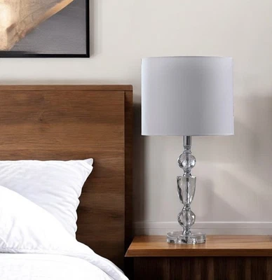 24" Clear And Silver Faux Crystal And Metal Table Lamp With White Drum Shade - Image 1 of 4