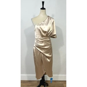 Cupshe NWT Champagne Satin One Shoulder Dress S Ruched Wrap Midi Holiday Glam - Picture 1 of 17