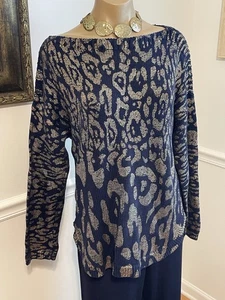 EXC Chico's Foil Shine Sophie Boatneck Sweater Navy Blue & Gold Size 2 GORGEOUS - Picture 1 of 9