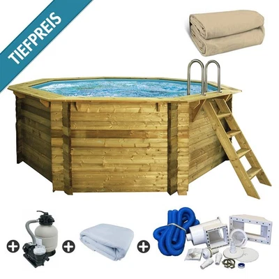 Holzpool Set Achteck 4,70 x 4,70 x 1,24 m Schwimmbecken Folie sandfarben - Bild 1 von 4