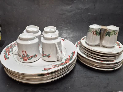 Vtg Kmart Poinsettia & Ribbons Christmas Dinnerware Full Service For 4 - Image 1 of 4