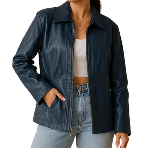 Women’s Navy Real Leather Sheepskin Biker Vintage Style Coat Baggy Style - Picture 1 of 5