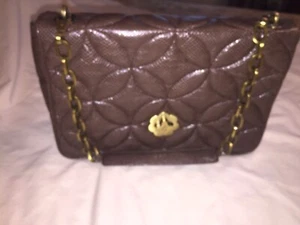 Eric Javits Taupe Satchel Tasche Handtasche Gold Kette Drehverschluss   - Bild 1 von 10