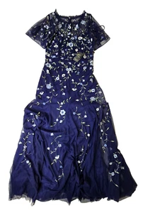 Adrianna Papell Floral Beaded Floral Light Navy Maxi Dress Women 10 NEW NWT - Picture 1 of 17