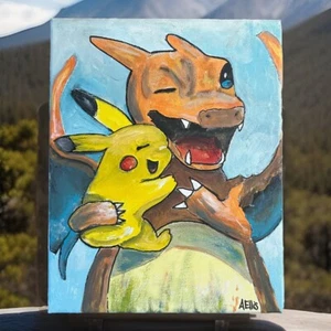 Pikachu Charizard 8x10 ORIGINAL ACRYLIC PAINTING Stretched On Canvas SIGNED - Picture 1 of 4
