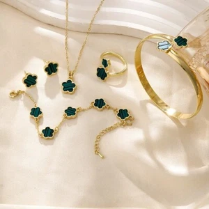 5 Pcs Leaf Clover Jewellery Set For Women Necklace Earrings Bangle Ring Bracelet - Picture 1 of 12